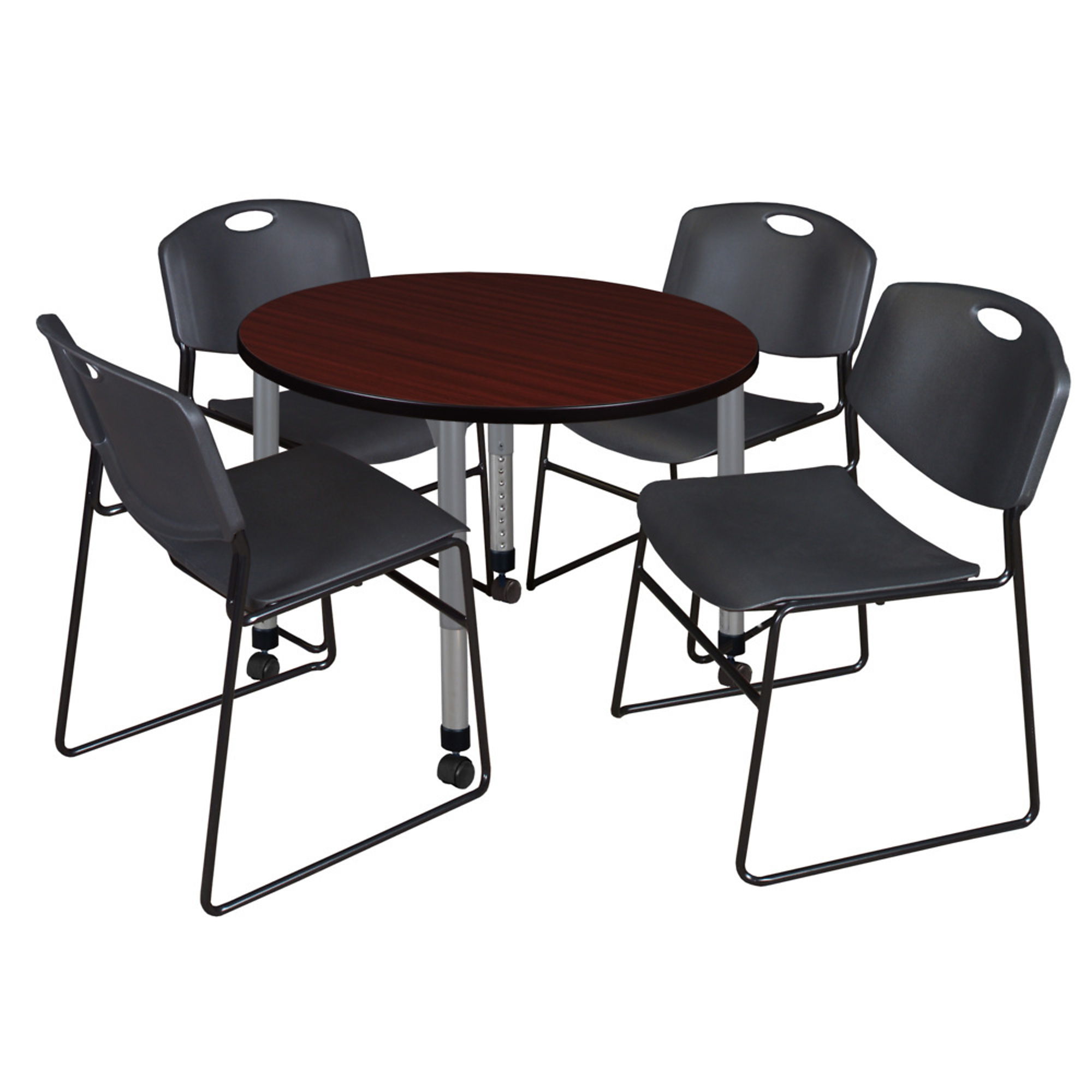 Regency Kee Mobile Adjustable Classroom Table and Zeng Stack Chairs Set — 36in. Round, Mahogany, Includes 4 Black Chairs, Model# TB36RNDMHAPCGY44BK